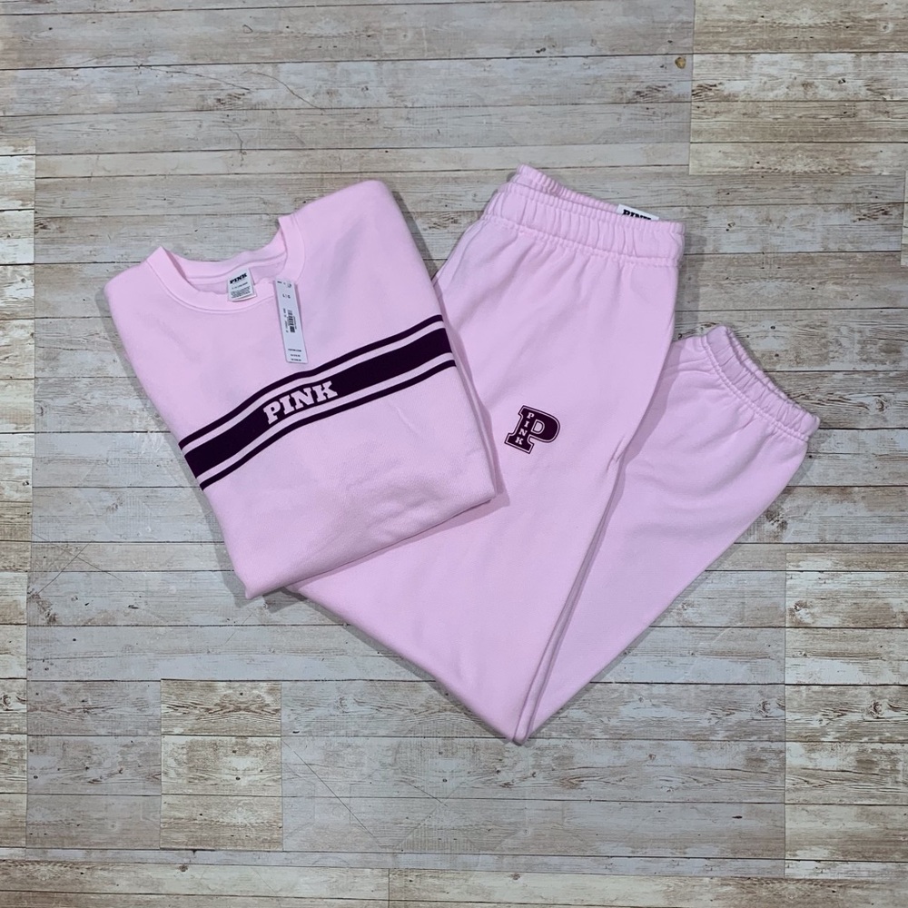 PINK Victoria's Secret Logo Ivy Fleece Sweatshirt & Sweatpants Set Size L NWT